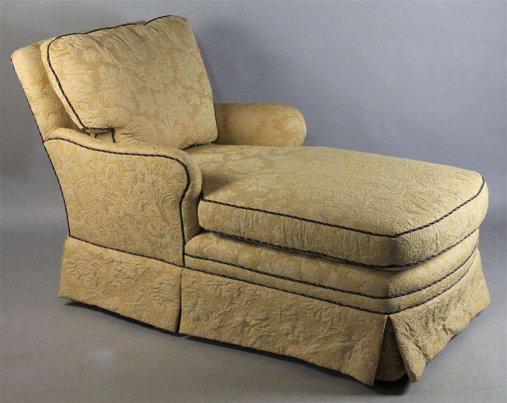 Appraisal: UPHOLSTERED CHAISE LOUNGE pale gold damask design with silk curly