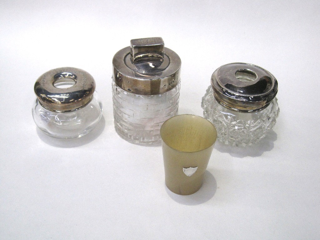 Appraisal: Lot comprising three silver mounted dressing table jars and a