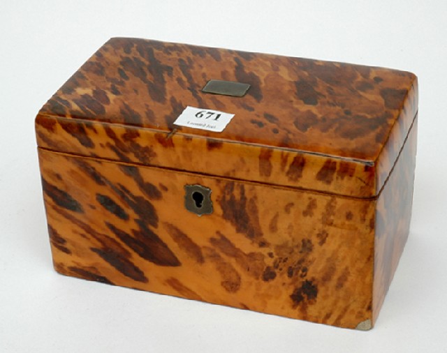 Appraisal: A REGENCY TORTOISESHELL TEA CADDY The hinged rectangular top opening