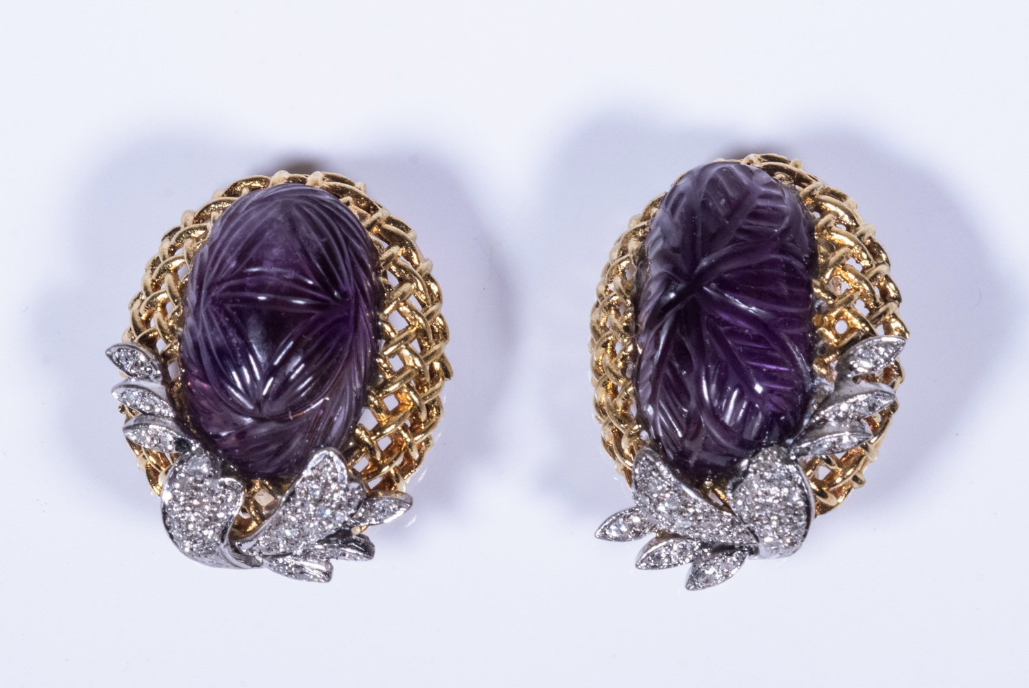 Appraisal: PR OF DESIGNER K GOLD AMETHYST EARRINGS Set with carved