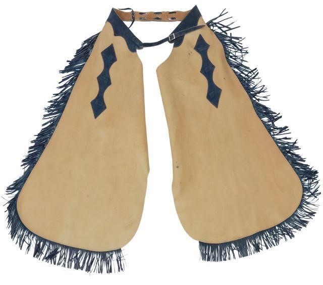 Appraisal: Western tan and blue leather show chaps with fringed sides