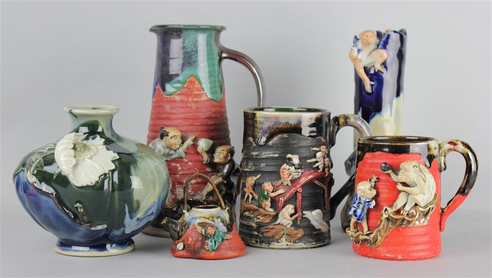 Appraisal: GROUP OF SIX SUMIDA VESSELS includes two marked monkey mugs