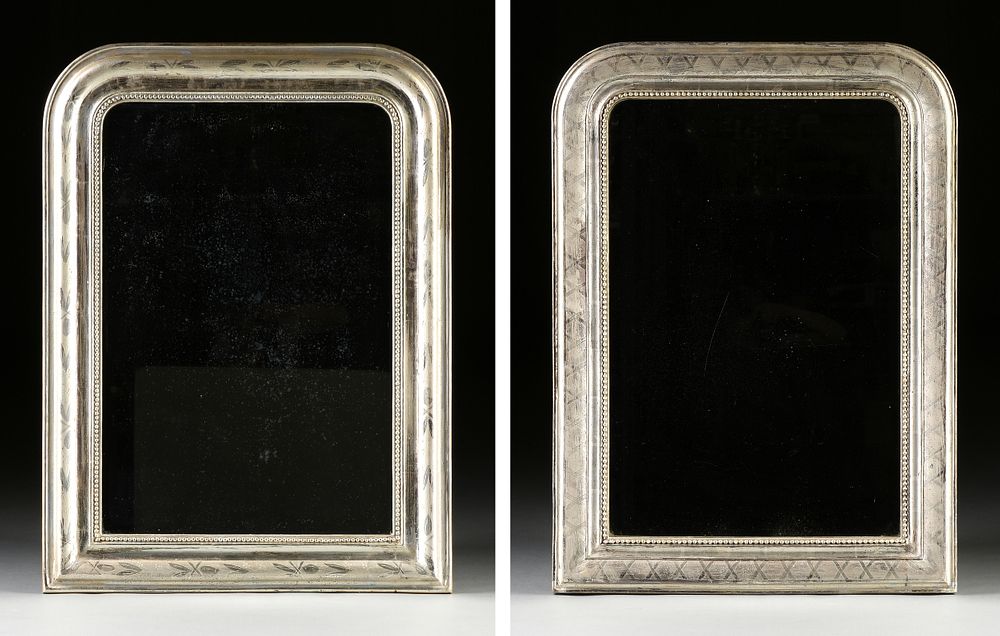 Appraisal: A MATCHED PAIR OF ANTIQUE FRENCH SILVER LEAFED MANTLE MIRRORS