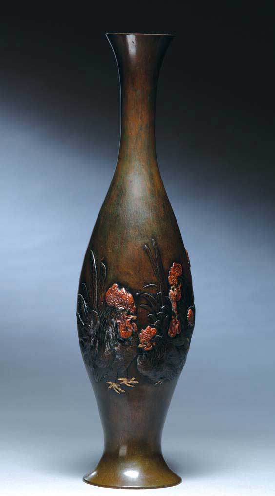 Appraisal: TALL ANTIQUE JAPANESE BRONZE VASE Beautifully cast antique Japanese bronze