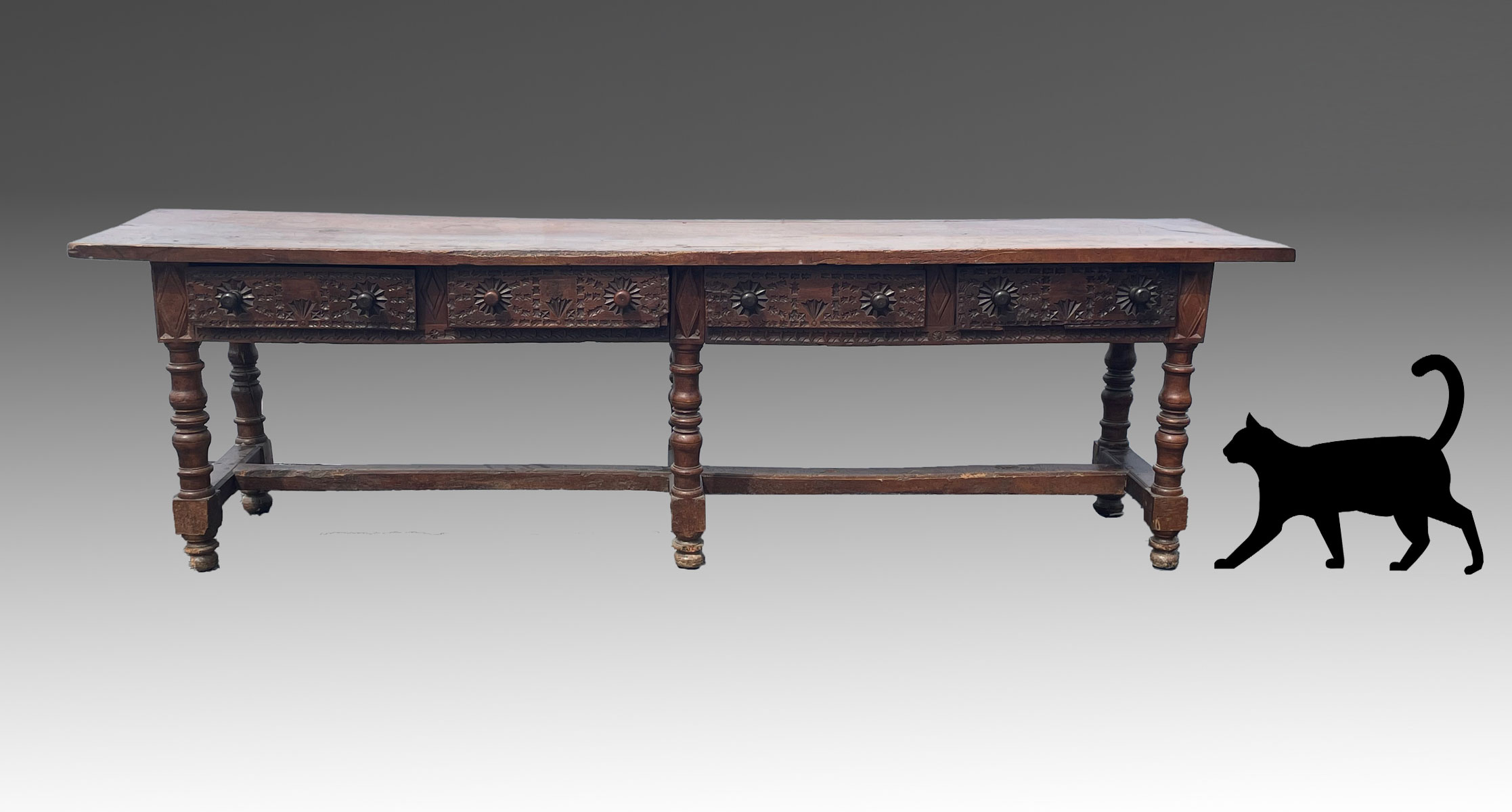 Appraisal: TH CENTURY CARVED PORTUGUESE REFECTORY TABLE Four drawer carved refectory