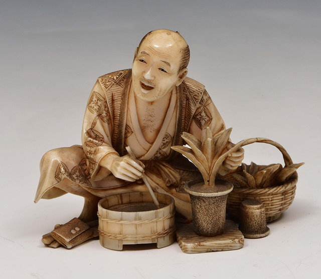 Appraisal: A Japanese ivory okimono of a seated botanistMeiji periodsigned Shizuyoshi