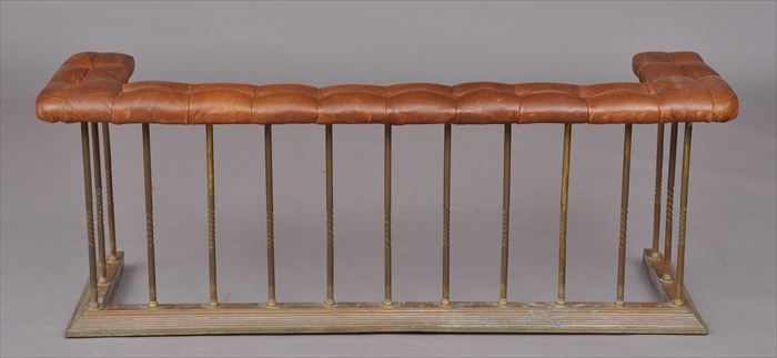 Appraisal: EDWARDIAN BRASS LEATHER-UPHOLSTERED CLUB FENDER The tufted top rail over