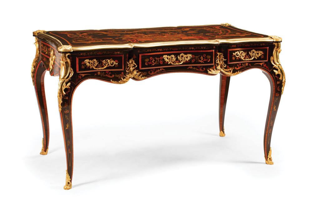 Appraisal: Louis XV-Style Bronze-Mounted Marquetry and Parquetry Bureau Plat banded top