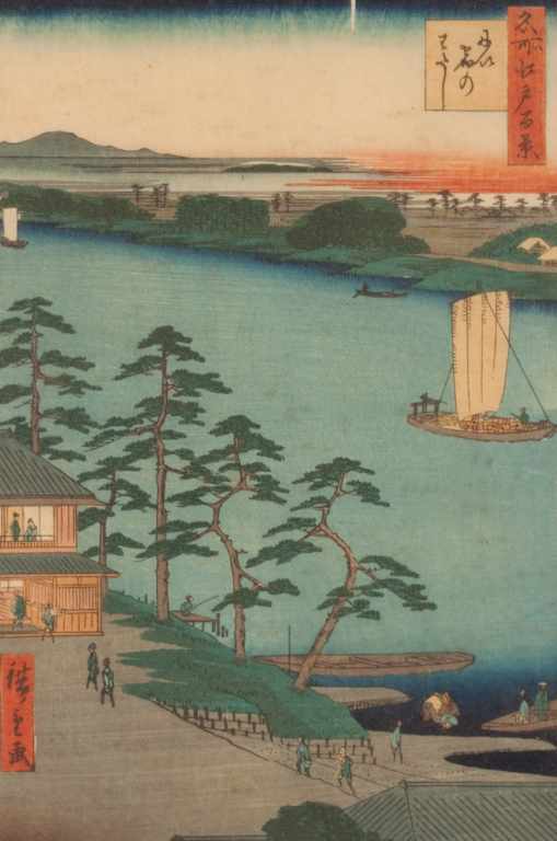 Appraisal: Japanese color woodcut Hiroshige Birdseye view of a river landing