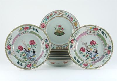 Appraisal: Seven Chinese famille rose soup plates each painted with exotic