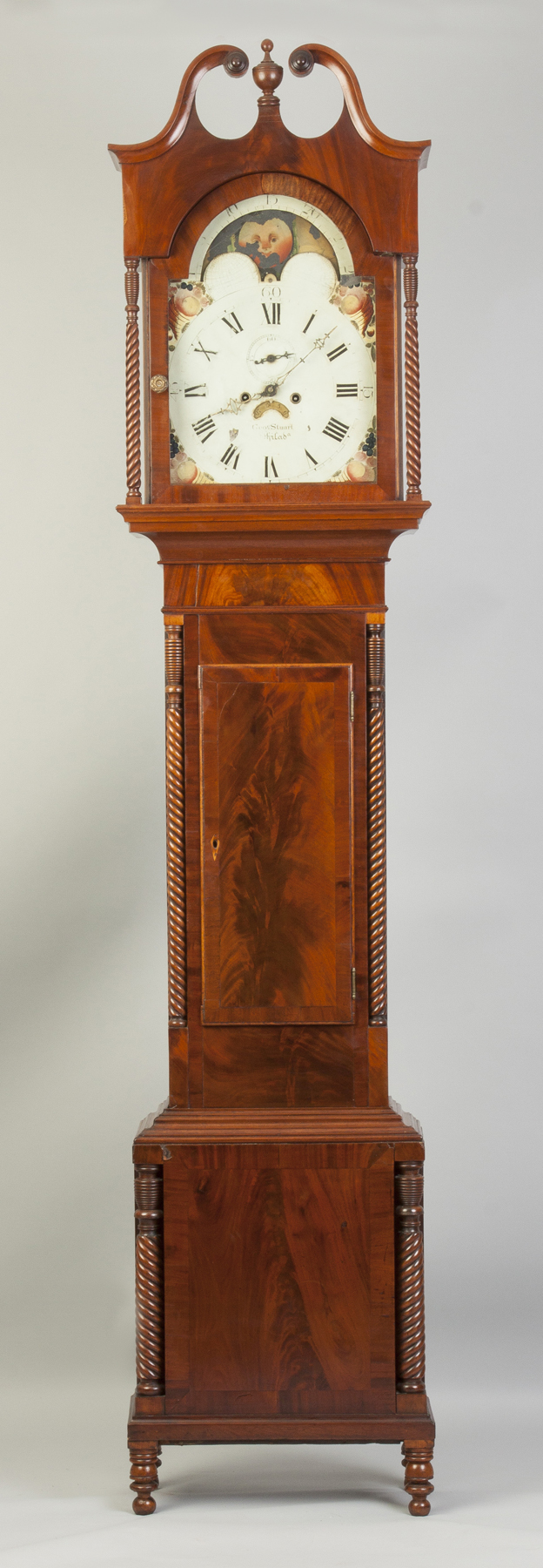 Appraisal: George Stuart Tall Case Early th cent Figured mahogany case