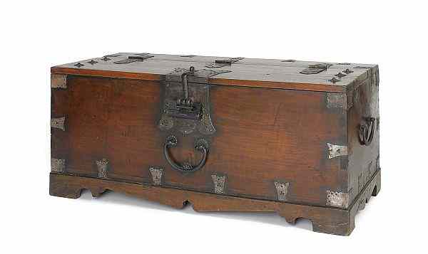 Appraisal: Korean hardwood chest with iron mounts and lock h w