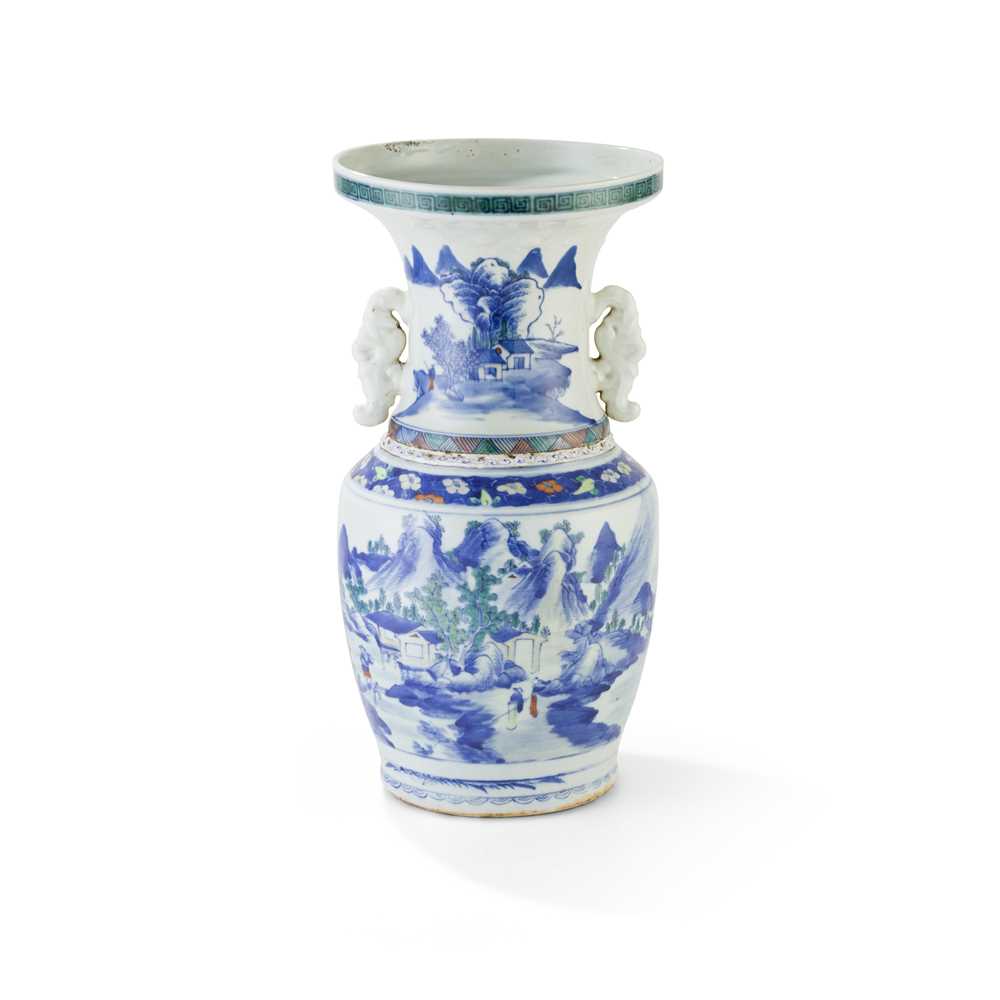 Appraisal: BLUE AND WHITE WITH FAMILLE ROSE HANDLED VASE QING DYNASTY