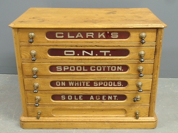 Appraisal: - Clark s Spool Cotton oak five-drawer spool cabinet with