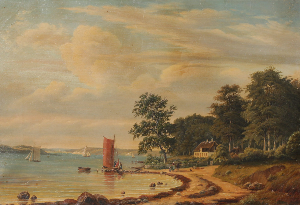 Appraisal: TH CENTURY SHORELINE LANDSCAPE PAINTING WITH BOATS FIGURES Oil Canvas