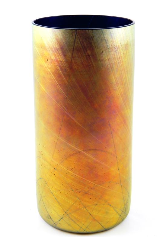 Appraisal: Maslach iridescent cylinder form glass vase blown in cobalt blue