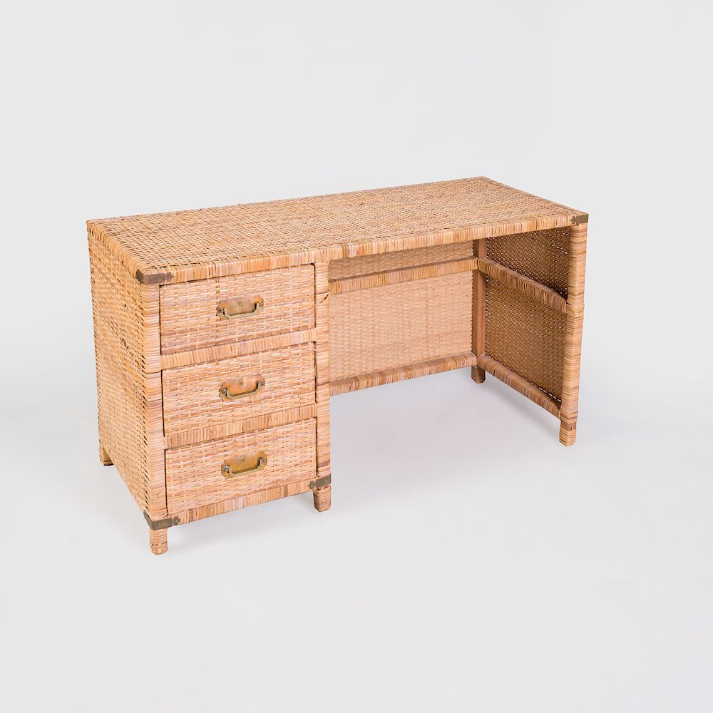 Appraisal: Modern Brass-Mounted Rattan Kneehole Desk x x in Condition Losses