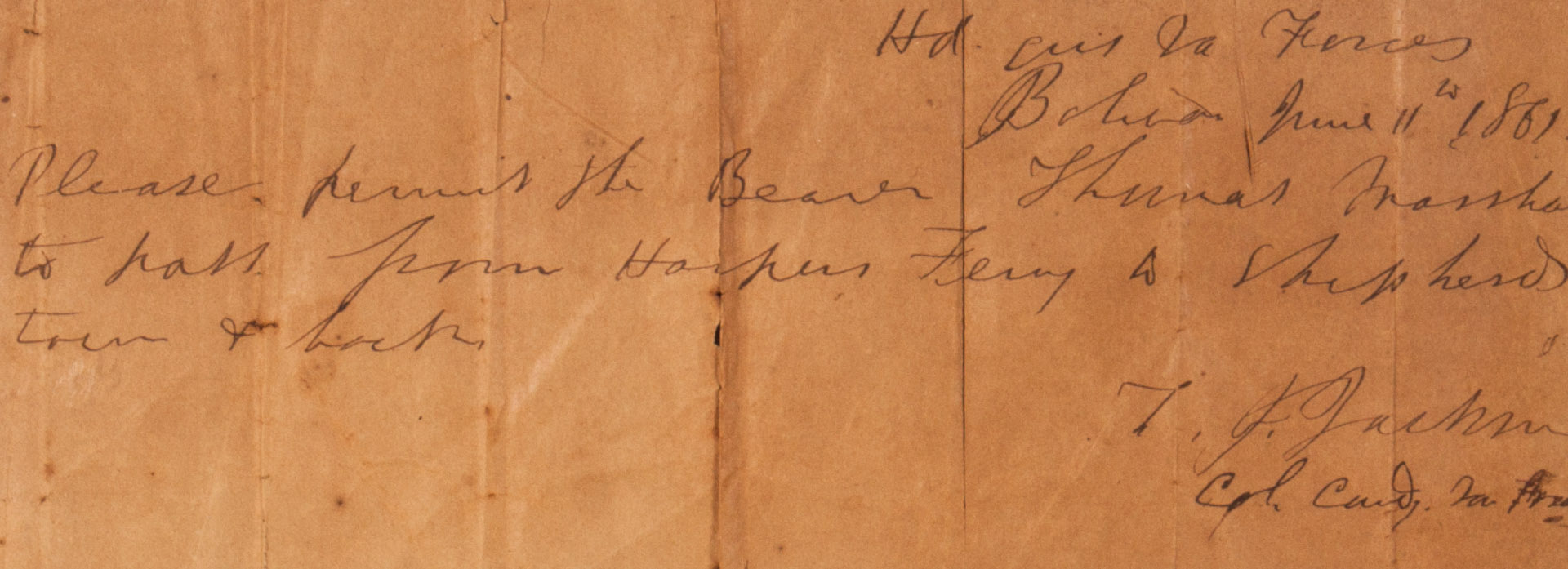 Appraisal: Confederate Autograph Stonewall Jackson ANS dated at Bolivia June a