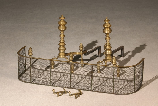 Appraisal: English Brass and Wrought Wire Assembled Five-Piece Hearth Set th