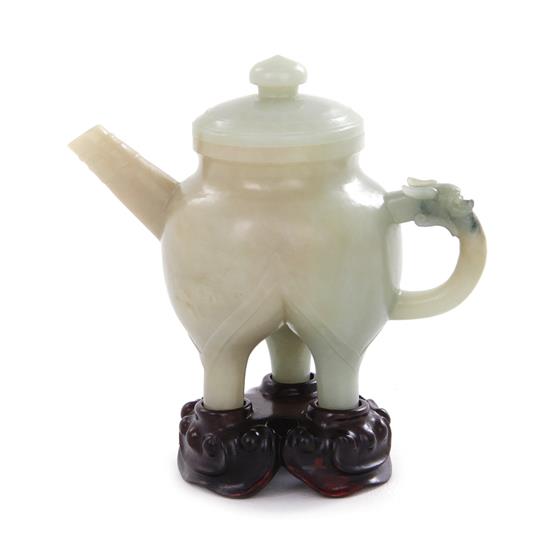 Appraisal: Chinese carved jade teapot Qing or Republic period gray-green archaic