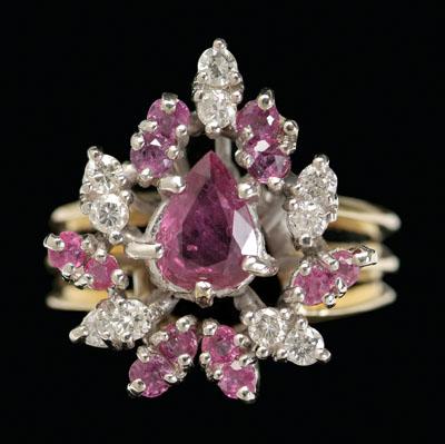 Appraisal: Ruby diamond cluster ring central pear-shaped faceted ruby estimated total