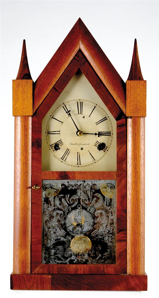 Appraisal: Smith Goodrich double fusee steeple clock circa mahogany-veneer sharp Gothic