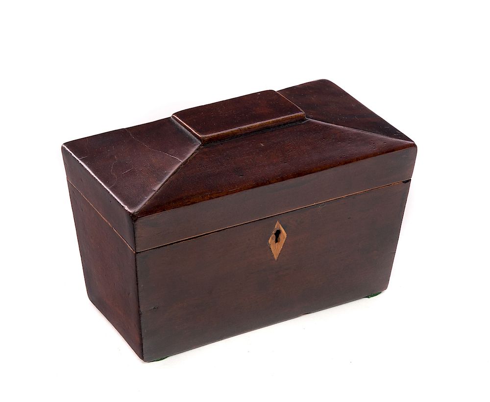 Appraisal: Mahogany Coffin Lid Tea Caddy with Inlay Measures tall wide