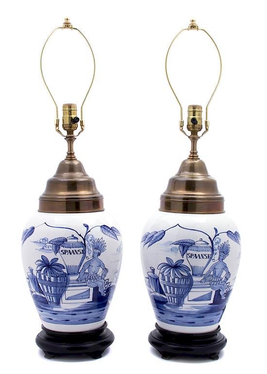 Appraisal: Pair of Dutch Earthenware Tobacco Jars Mounted as Lamps Pair