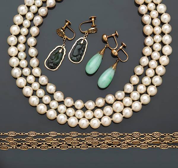 Appraisal: A collection of k gold jewelry comprising three cultured pearl