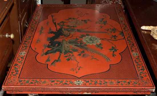 Appraisal: Chinese red lacquer low table top with image of phoenixes