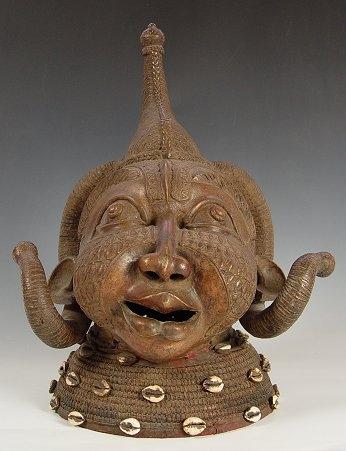 Appraisal: AFRICAN BENIN BRASS SCULPTURE MASK '' h circa 's