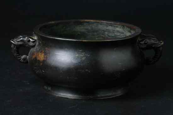 Appraisal: CHINESE BRONZE CENSER Xuande six character mark Bomb body flanked