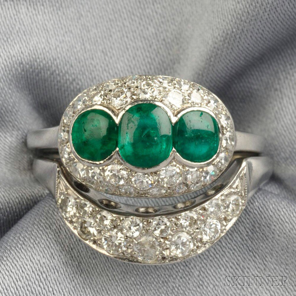 Appraisal: Platinum Emerald and Diamond Ring set with three buff-top emeralds