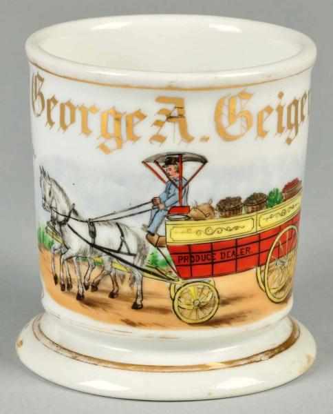 Appraisal: Double Horse-Drawn Produce Wagon Shaving Mug Description Gilt name George