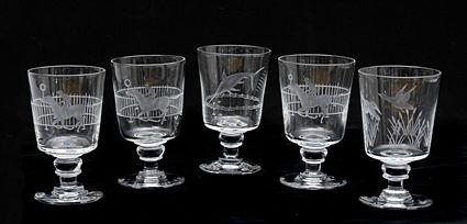 Appraisal: FIVE WEBB ENGRAVED GLASS GOBLETS Marked Webb England variously engraved