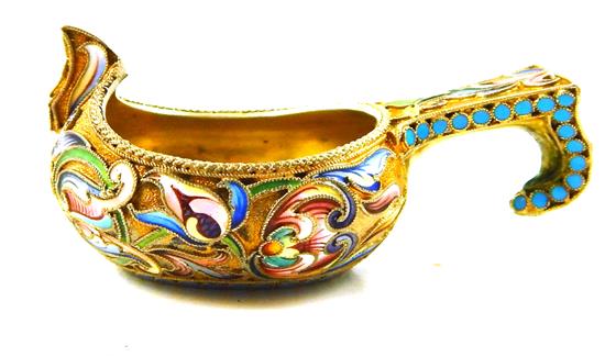 Appraisal: RUSSIAN SILVER Russian enameled silver gilt miniature kovsch polychrome floral