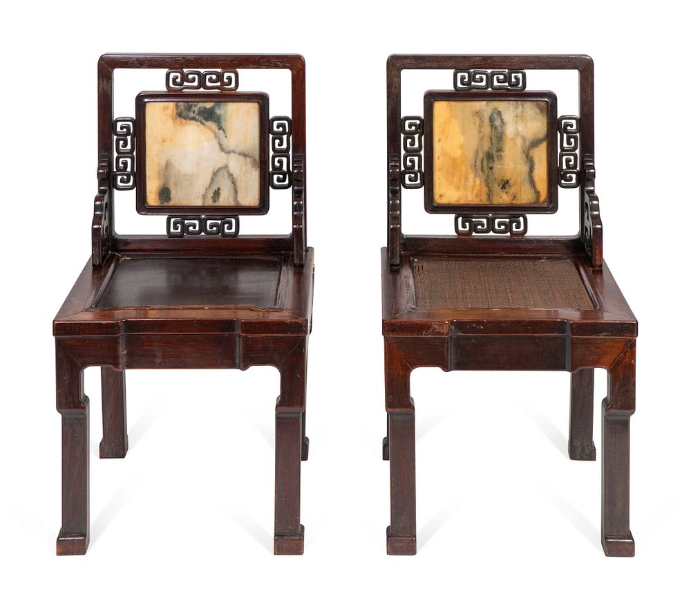 Appraisal: A Near Pair of Chinese Marble-Inset Hardwood Chairs Height inches