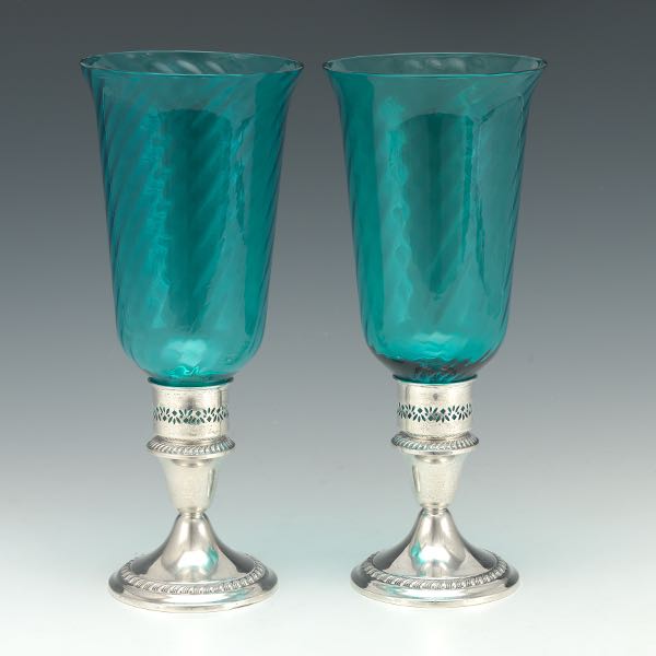 Appraisal: PAIR OF GORHAM STERLING SILVER AND AZURE OPTIC GLASS HURRICANES