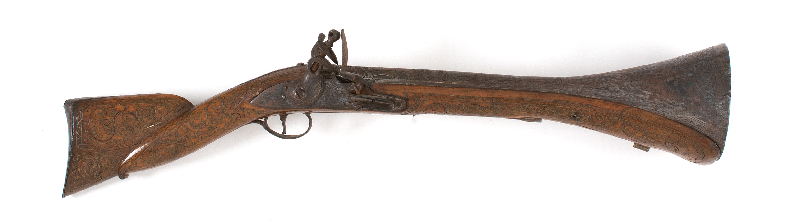 Appraisal: FINE SILVER-MOUNTED TURKISH FLINTLOCK BLUNDERBUSS Circa Stock inlaid with lavish