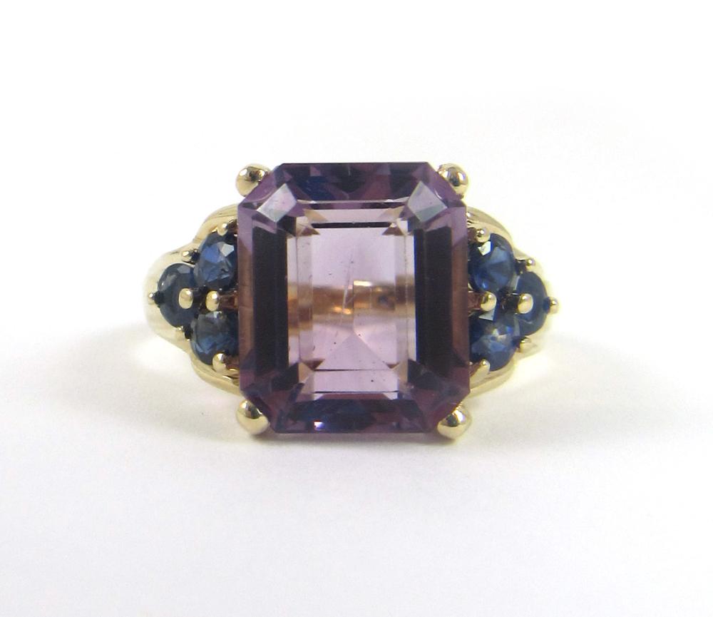 Appraisal: AMETHYST SAPPHIRE AND FOURTEEN KARAT GOLD RING with three round-cut