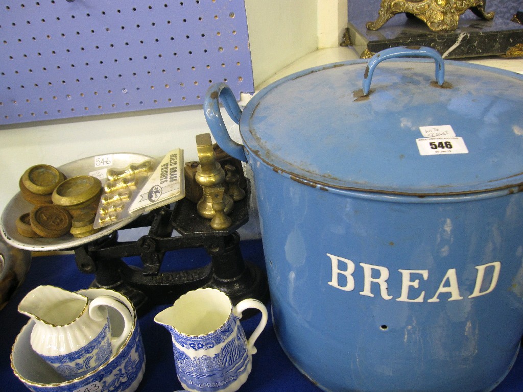 Appraisal: Lot comprising a blue enamel bread bin and a set