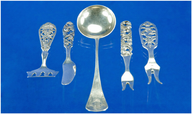 Appraisal: Norwegian Silver Flatware Comprising Butter Knife Two Pickle Forks Spoon