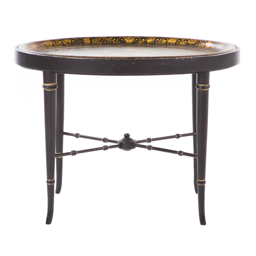 Appraisal: Regency style papier-m ch tray top table th century oval