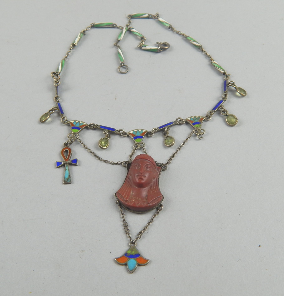 Appraisal: An Egyptian decorative necklace with carved cameo head to centre