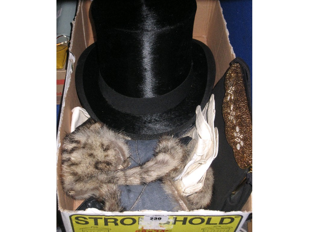 Appraisal: Lot comprising top hat gloves cocktail purse etc