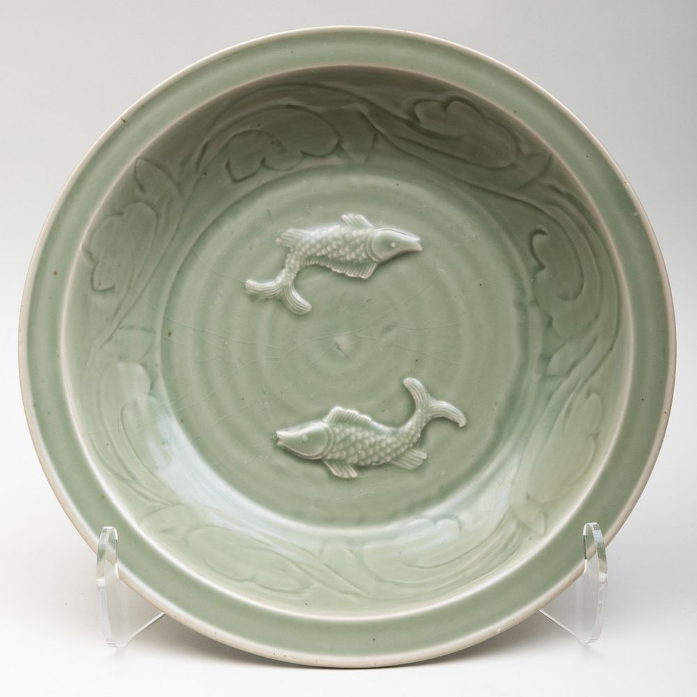 Appraisal: Large Chinese Longquan Celadon Twin Fish Charger in diam Condition