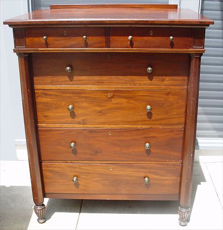 Appraisal: MAHOGANY TALL CHEST OF DRAWERS Columnal stiles original brass knobs