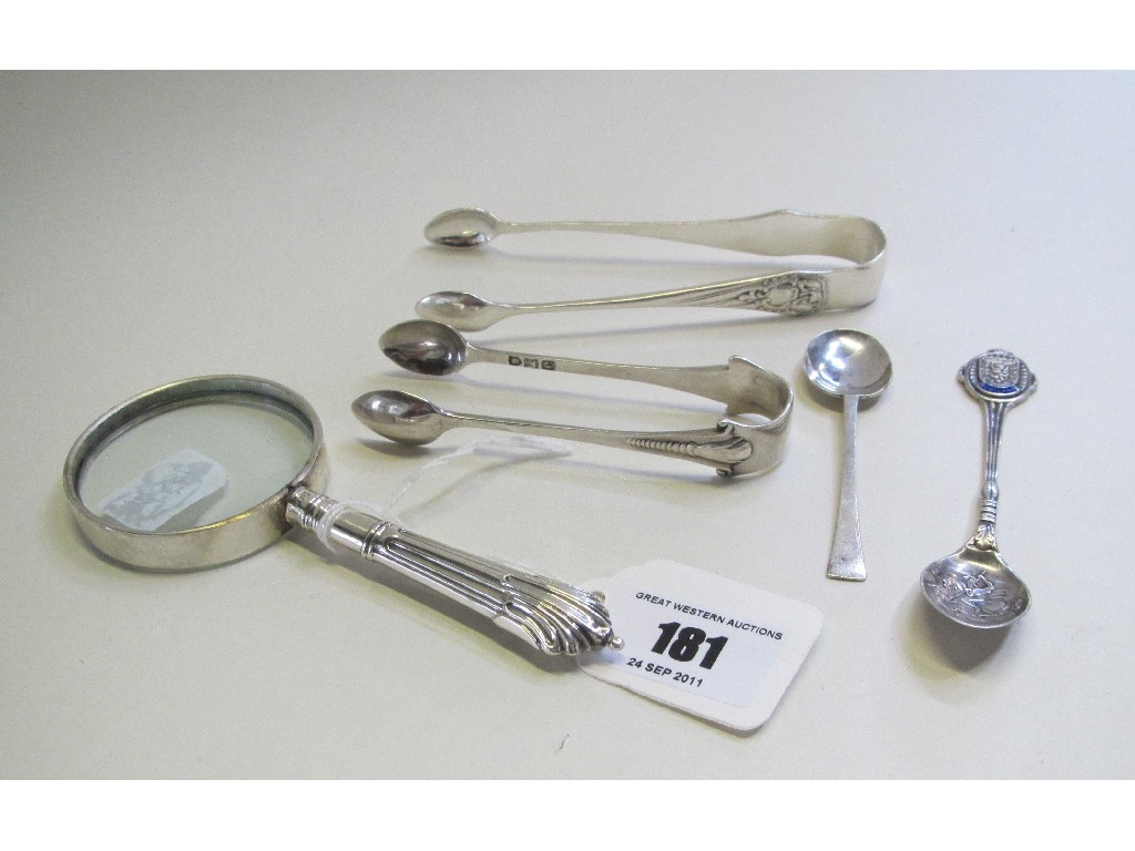 Appraisal: Lot comprising silver handled magnifying glass two pairs silver tongs