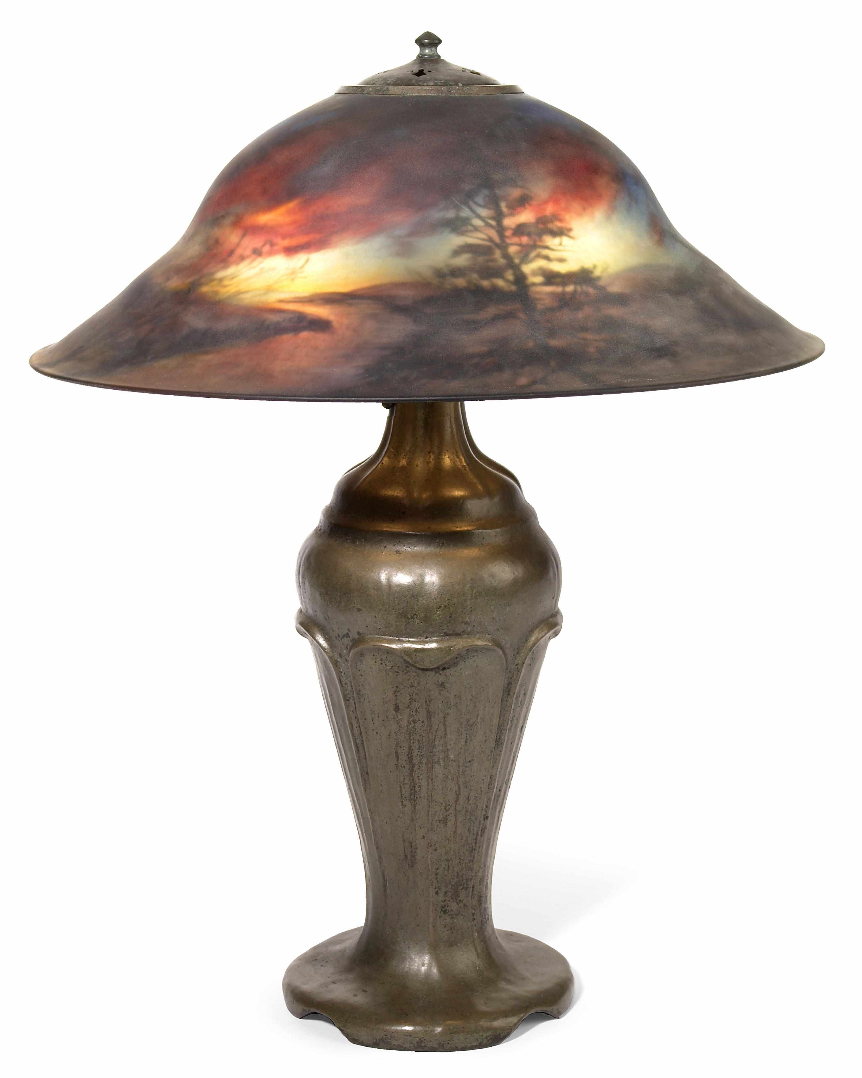 Appraisal: A Handel interior painted and patinated metal landscape lamp first