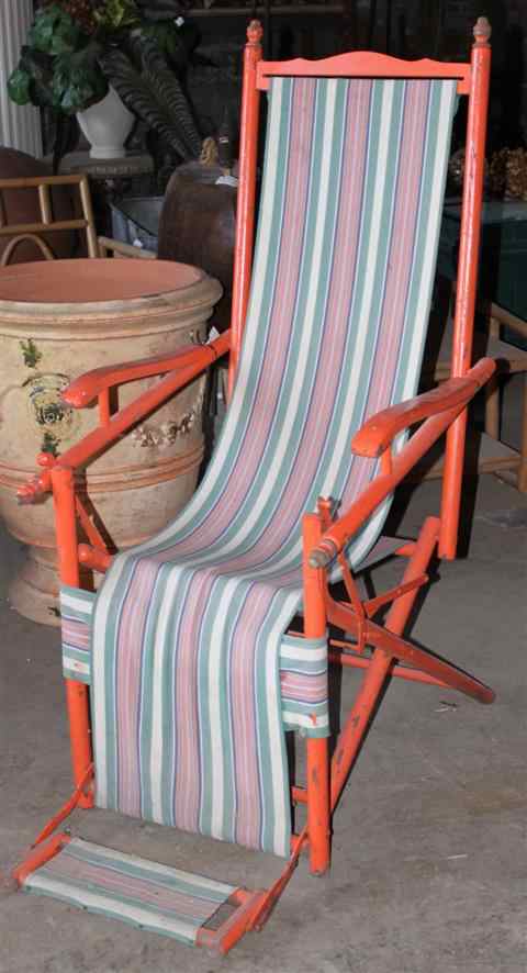 Appraisal: VINTAGE ORANGE PAINTED WOOD AND METAL RECLINING BEACH CHAIR Other